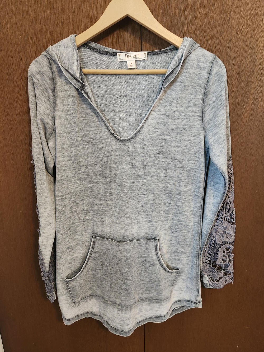 Decree Heather Gray Hooded Pullover with Crochet Sleeve Accents
